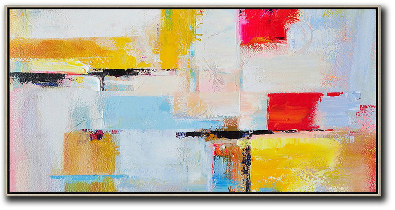 Original Abstract Painting Extra Large Canvas Art,Horizontal Palette Knife Contemporary Art Panoramic Canvas Painting,Canvas Paintings For Sale,White,Blue,Yellow,Red.etc